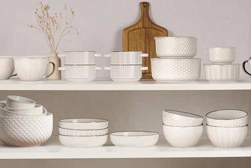 KooK Serving Bowls, with Lids, Ceramic Nesting Bowls, Set of 4, Embossed, Kitchen, Prep, Stackable, Gift, Microwave and Dishwasher Safe, 10/16/29/47 oz, Narbonne Collection (Ivory) - size: 47 Oz