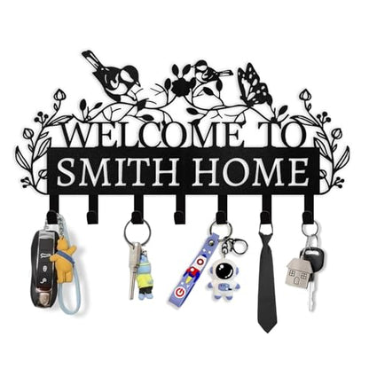 Personalized Key Holder for Wall - Welcome To My Home Metal Wall Key Hanger | Custom Name Key Rack Holder Wall Mount for Living Room Bedroom Doorway Hallway, Unique Housewarming Gift - color: 06 Bird