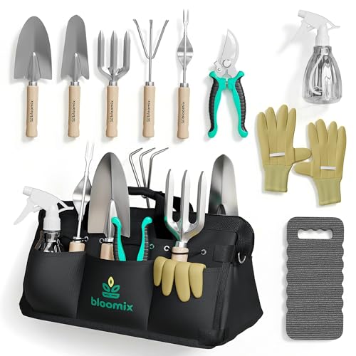 Bloomix 12Pcs Gardening Tools Set - Heavy Duty Garden Tools Set with Tool Bag, Kneeling Pad, Apron & More Garden Accessories - Stainless Steel Plant Care Kit Supplies, Gardening Gifts for Women Men