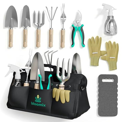 Bloomix 12Pcs Gardening Tools Set - Heavy Duty Garden Tools Set with Tool Bag, Kneeling Pad, Apron & More Garden Accessories - Stainless Steel Plant Care Kit Supplies, Gardening Gifts for Women Men