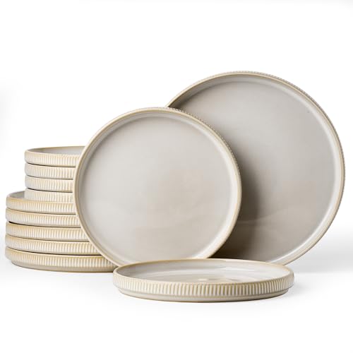 Famiware Star 12pc Stoneware Dinnerware Sets for 6-10.5" & 8" Flat Plates | Ceramic Dishes with Llipped Edges, Chip & Scratch Resistant, Microwave & Dishwasher Safe, Everyday Dining, Cappuccino White - color: Cappuccino White, size: Service for 6 - Double