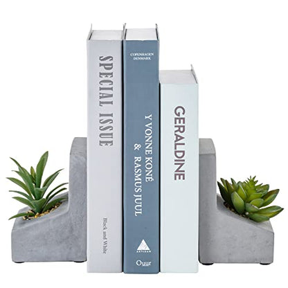 MyGift Concrete L-Shaped Bookends with Artificial Succulent Plants, 1 Pair | Weighted concrete construction helps keep books upright while faux greenery adds a natural decorative accent to shelves - color: Artificial Succulent