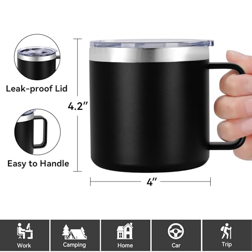 VEGOND 14 oz Insulated Coffee Mug with Handle, Stainless Steel Travel Coffee Mug with Lid, Double Wall Vacuum Metal Coffee Cup, Coffee Tumbler Powder Coated, Black 1 Pack - color: Black, size: 14 Ounces