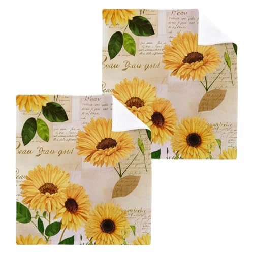 Sunflower Washcloths Set of 2, Highly Absorbent Soft Cotton Fingertip Towels for Bathroom, Kitchen, Gym, Spa, Home Decor 12 x 12 Inch