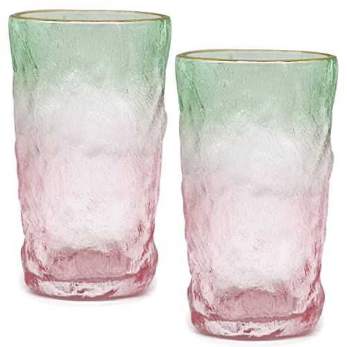 TOSSOW Drinking Glasses, Glassware Sets of 2, Mixed Drinking Glacier Pattern 12 oz Glass Cups Decoration for Wine, Beer, Juice, Mojito and Cocktail(Pink+Green) - color: Pink Green