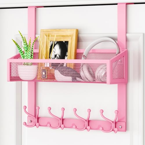 HapiRm Over The Door Hooks - Easy Installation Pink Door Hanger with Basket and 16 Hooks, 304 Stainless Steel Storage Organizer for Towels, Coats, Bathroom, Kitchen, Dorm-Pink - color: Pink-1 Basket