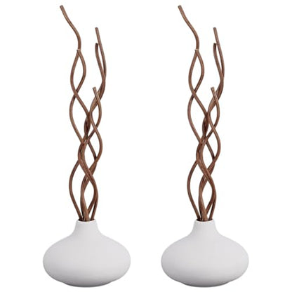 AHANDMAKER 2Pcs White Ceramic Vase Pottery Decorative Flower Vases with 15Pcs Brown Wavy Rattan Reed Diffuser Sticks Small Pottery Vases for Bouquet Pampas Dried Fresh Flowers Bookshelf Church Altars