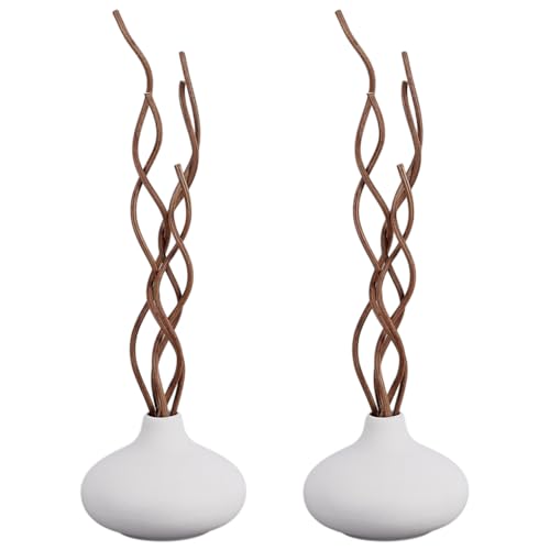 AHANDMAKER 2Pcs White Ceramic Vase Pottery Decorative Flower Vases with 15Pcs Brown Wavy Rattan Reed Diffuser Sticks Small Pottery Vases for Bouquet Pampas Dried Fresh Flowers Bookshelf Church Altars