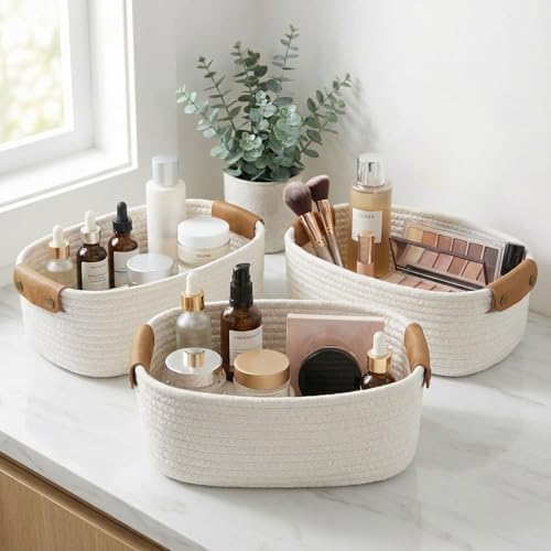 Beautiful Storage Basket Set of 3 - Sturdy Rope Baskets for Shelves | Perfect for Organizing Your Home - Quality Storage Bins Easily Fit with Any Nursery or Bedroom Decor - color: Beige