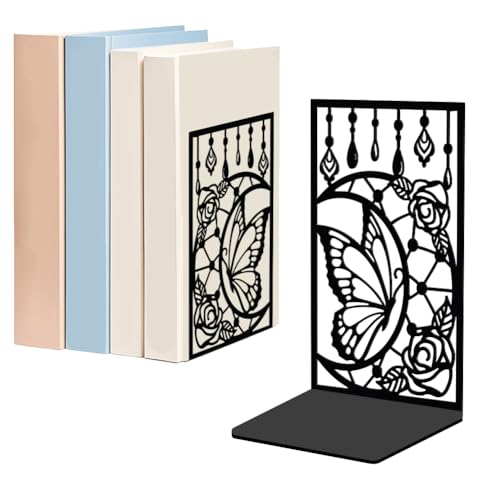 WADORN 1 Pair Moon Butterfly Rose Metal Decorative Bookend for Shelves, Heavy Duty Book Ends Modern Non-Skid Books Holder Stand Black Book Support Stoppers for Desk Bookshelf Office, 5.3x4.3x7.9 Inch - color: Moon Butterfly Rose