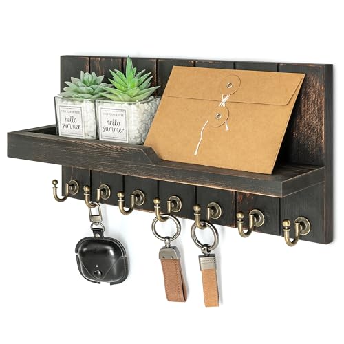 Rebee Vision Key Holder Wall Mount for Home Decor, Distressed Black | Key Holder for Wall, Floating Shelf, Display Plant, Mail Storage, 7 Key Hooks, Wooden Build, Farmhouse Home Organization - color: Distressed Black, size: 15 inches