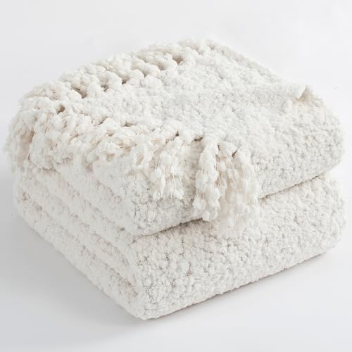 Throw Blanket for Couch, Knitted Throws with Fringe Tassels | White 60X80 Handmade Feeling Luxury Textured Blankets for Bed Sofa Chunky Knit Soft Farmhouse Boho Decor - color: White, size: Twin (60"x80")
