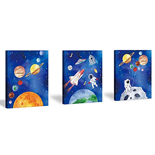CHDITB Framed Outer Space Art Prints Cartoon Watercolor Planet Wall Art Set of 3 Pieces (11.8x15.6inch), Universe Theme Canvas Painting, Spaceship, Astronaut For Kids Room Nursery Decor-Ready to Hang - color: Outer Space 1, size: 12x16 inches