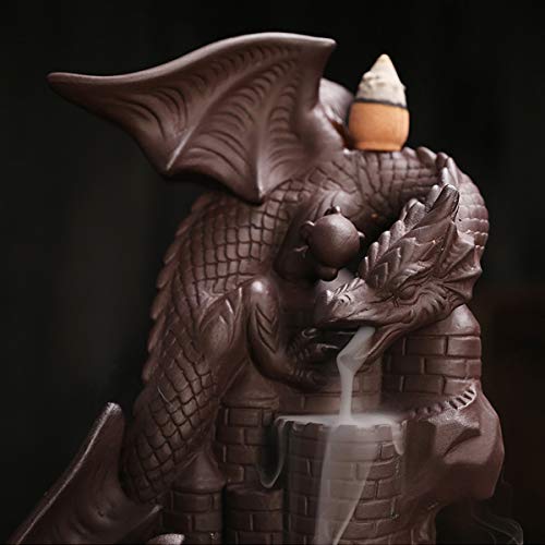 Ceramic Dragon Backflow Incense Holder Waterfall Incense Burner, Smoke Incense Holder, with 70 Backflow Incense Cones + 50 Incense Stick, 1 Mat, 1 Tweezers Home Decor (Brown-Light Dragon) - color: Brown-light Dragon