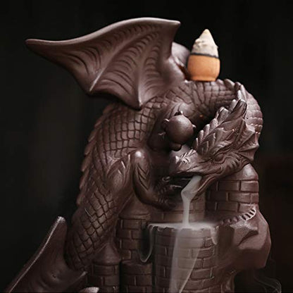 Ceramic Dragon Backflow Incense Holder Waterfall Incense Burner, Smoke Incense Holder, with 70 Backflow Incense Cones + 50 Incense Stick, 1 Mat, 1 Tweezers Home Decor (Brown-Light Dragon) - color: Brown-light Dragon