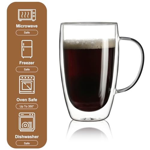 Aurzen 2 Pack Double Walled Glass Coffee Mugs with Handles, Large Insulated Layer Coffee Cups, 15oz Clear Borosilicate Mugs, Perfect for Cappuccino, Tea, Microwave Safe - color: 15oz-2Pack