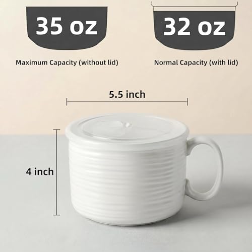 Nihow 35 OZ Large Ceramic Soup Bowl with Handle and Lid, Matte White | Microwave Safe, Dishwasher Safe, Oversized, For Ramen, Noodles, Stew, Oatmeal - color: Matte White, size: 35 OZ
