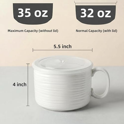 Nihow 35 OZ Large Ceramic Soup Bowl, Matte White, 2 PCS | With Handle and Lid, Microwave & Dishwasher Safe, For Soup, Noodles, Stew, Oatmeal - color: Matte White, size: 35 OZ+35 OZ