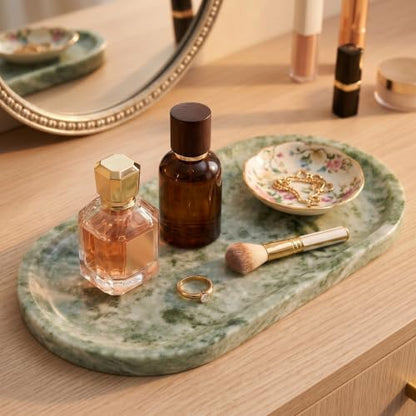 YKAJO Cloud Jade Oval Marble Tray, 11.8x5.9 Vanity Perfume Organizer Dish | Honed natural stone; jewelry & trinket dish, ring & key holder, soap & candle catchall; bath counter, dresser, coffee table - color: Cloud Jade, size: 11.8" x 5.9" x 0.6"