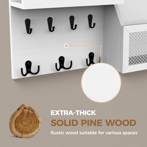 LubanNese Key Holder Wall Mount Pine Wood 16 X 8 Mail Organizer Farmhouse Key Rack for Wall with Hooks and Shelf, Rustic Wooden Key Hanger for Entryway (Rustic White) - style: Rustic White