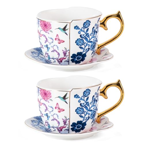 KAMMAK Tea Cups and Saucers Set of 2, 8 oz Porcelain Coffee Cups, YX018 | Stackable Espresso Mugs, Ceramic Demitasse for Coffee, Cappuccino, Latte, Americano, Tea - size: 8CZYX018