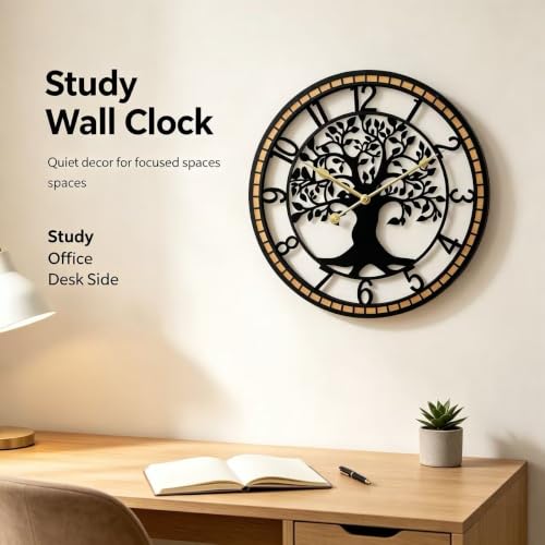 Large Wall Clock for Living Room Decor 24 Inch Tree of Life Metal Wall Art, Non-Ticking Battery Operated Metal Black with Solid Wood Frame for Office/Bedroom/Kitchen/Dining Room Decoration - size: B 24 Inch