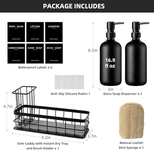 Dish Soap Dispenser for Kitchen, 16.9 fl oz Black Hand and Dish Soap Dispenser Set, Kitchen Soap Dispenser with Sponge Holder, Brush Holder and Loofah Sponge, Countertop Sink Organizer Accessories - color: Black