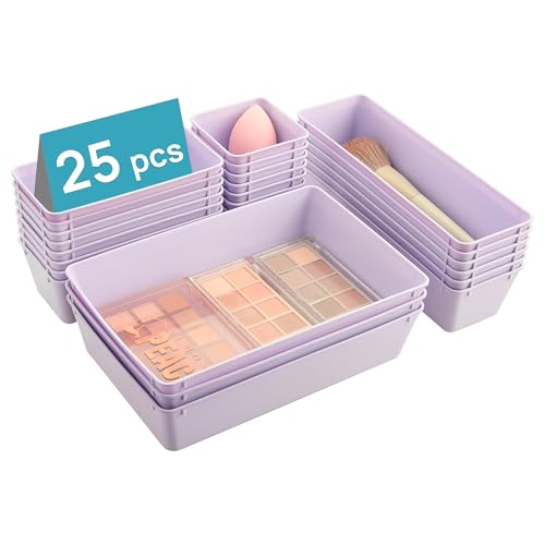 Vtopmart 25 Pack Plastic Drawer Organizers with Non-slip Rubber Pads | 4-Size Versatile Makeup Organizer, Storage Containers Small Bins for Makeup, Jewelries, Bedroom, Kitchen Utensils and Office - color: Lilac