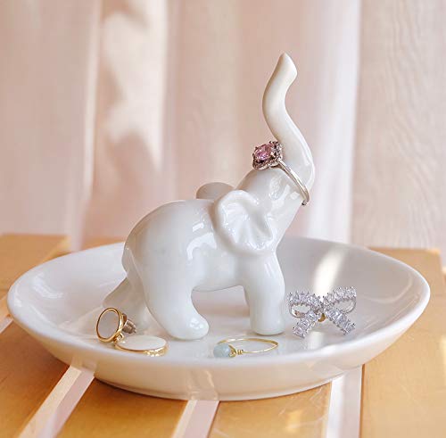 PUDDING CABIN White Elephant Ring Holder Dish Ring Tray for Jewelry | Elephant Gifts for Women Christmas, Birthday, Mother's Day - style: White Elehant