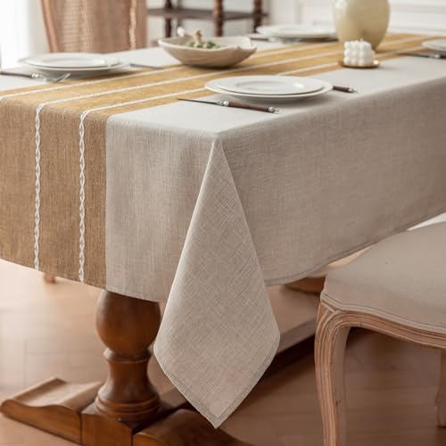 Joyfol Day Rustic Waterproof Cotton Blend Tablecloth, Heavy Weight Embroidery Table Cover for Rectangle Tables, Burlap Farmhouse Style with Coffee Lines, 55" x 86" - color: Coffee Lines, size: 86" x 55" (Rectangular)