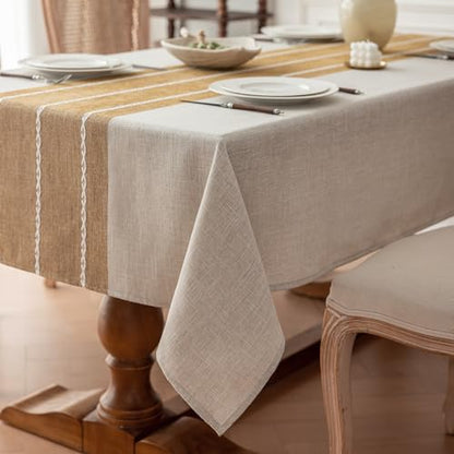 Joyfol Day Rustic Waterproof Cotton Blend Tablecloth, Heavy Weight Embroidery Table Cover for Rectangle Tables, Burlap Farmhouse Style with Coffee Lines, 55" x 86" - color: Coffee Lines, size: 86" x 55" (Rectangular)