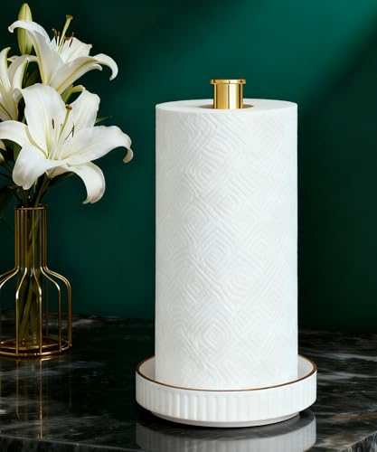 Paper Towel Holder, Ceramic Heavy Plate Base Wobble-Free, Roll Stand-Gold | Effortless Cleaning and Easy to Assemble, Super Large for Triple Rolls, High End Looking as a Good Gift for Kitchen Island - color: Lux-gold