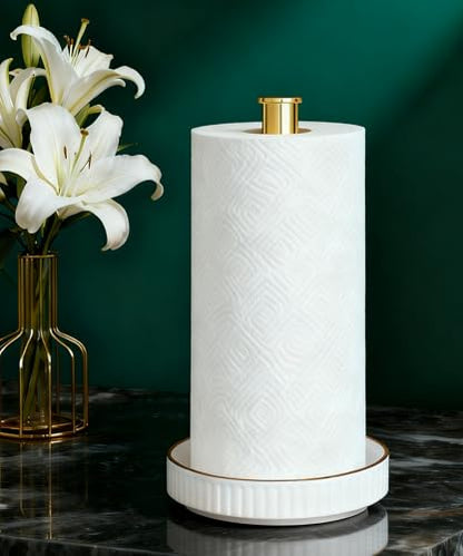 Paper Towel Holder, Ceramic Heavy Plate Base Wobble-Free, Roll Stand-Gold | Effortless Cleaning and Easy to Assemble, Super Large for Triple Rolls, High End Looking as a Good Gift for Kitchen Island - color: Lux-gold