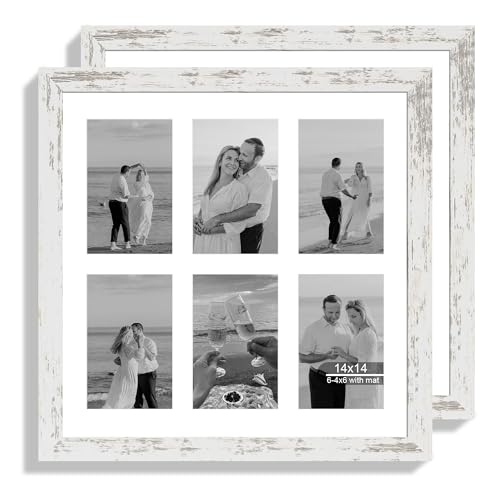 Hongkee 14x14 Picture Frame Set of 2, Distressed White with Glass Collage Frame, Display Photo Six Opening 4x6 With Mat or 14 x 14 Without Mat - Horizontal or Vertical Wall Mounting - color: Distressed White, size: 14x14 in matted to 6-4x6