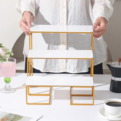 12 Inch 3 Tier Serving Tray Stand, White Acrylic Dessert Stand with Gold Painted Iron Rack, Removable Rectangular Trays for Cupcakes, Appetizers, Fruit, Cookies and Candy - color: White and Gold