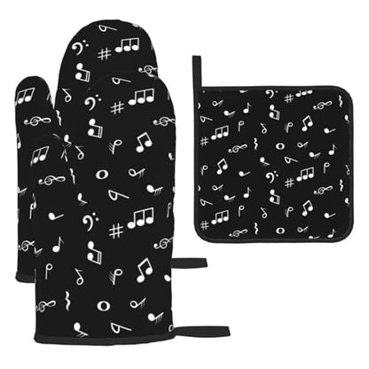 Music Notes Oven Mitts and Pot Holders Sets of 3 Black Hot Pads Musicial Oven Gloves Heat Resistant Non Slip Washable for Kitchen Cooking Grilling Baking - color: Music Notes