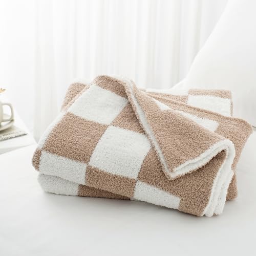 Carriediosa Checkered Throw Blanket 90x90, 400GSM Ultra Soft Microfiber | Taupe, Queen, Fuzzy Fluffy Cozy Plush Knitted Plaid Checker, Lightweight Cute Preppy Fall Blankets & Throws for Couch, Bed - color: Check - Taupe, size: 90" X 90"