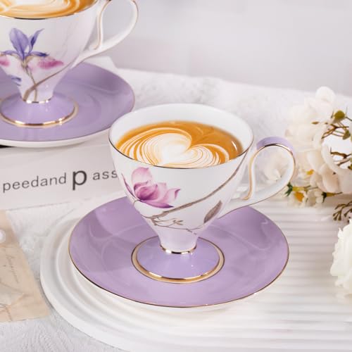 KAMMAK Ceramic Coffee Cups Saucers Set of 2, Porcelain Espresso Cups with Saucers, 8.12 oz Handcrafted Elegant Bone China Tea Cups, Purple Hibiscus & Iris Flower Pattern Teacup for Party, Office, Gift - color: Strolling in the Flower Garden (Hibiscus + Ir