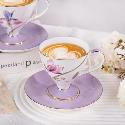KAMMAK Ceramic Coffee Cups Saucers Set of 2, Porcelain Espresso Cups with Saucers, 8.12 oz Handcrafted Elegant Bone China Tea Cups, Purple Hibiscus & Iris Flower Pattern Teacup for Party, Office, Gift - color: Strolling in the Flower Garden (Hibiscus + Ir