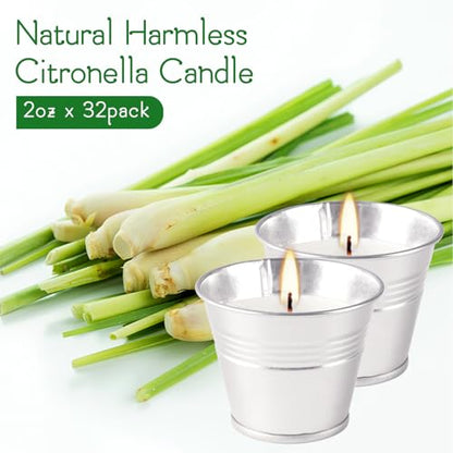 Outdoors Citronella Candles 32Pack - Garden Citronella Scented Candles, Long Burning, 2 oz Small Tin Candles Gift Sets for Home Patio Yard Indoors, Balcony, Camping BBQ & Summer Parties. - color: 32Pak-Silver-white lemongrass