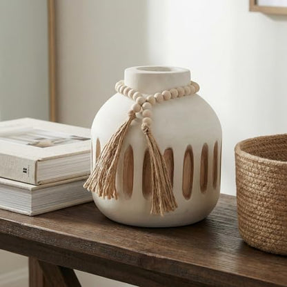 Handmade Wooden Vase with Decorative Beads and Tassels | Rustic Farmhouse Style, Farmhouse vase, Boho vase