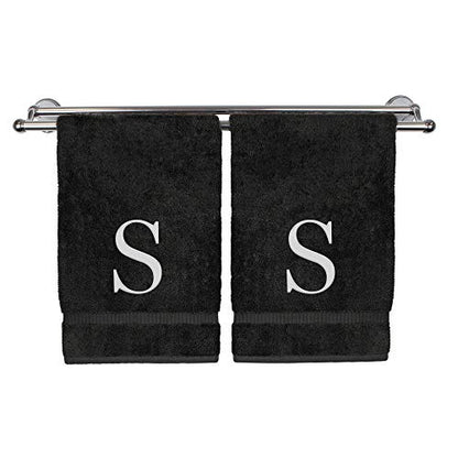 Monogrammed Hand Towel, Personalized Gift, Set of 2- White Block Letter Embroidered Towel - Extra Absorbent 100% Turkish Cotton - Soft Terry Finish - Initial S Black - color: Black & White, size: Initial S