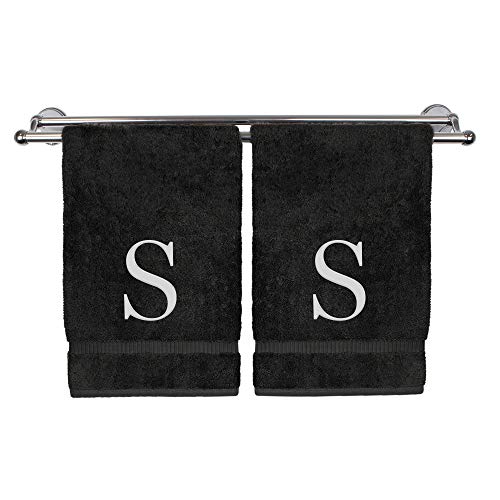 Monogrammed Hand Towel, Personalized Gift, Set of 2- White Block Letter Embroidered Towel - Extra Absorbent 100% Turkish Cotton - Soft Terry Finish - Initial S Black - color: Black & White, size: Initial S