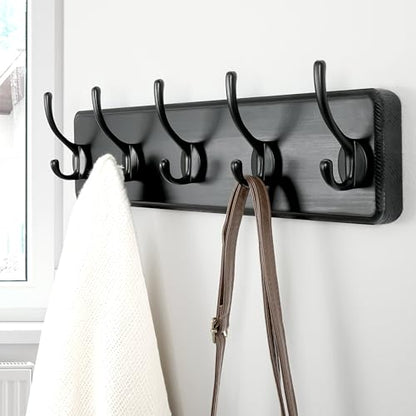 Coat Rack Wall Mount: Modern, Patented, Heavy-Duty, 17.4" Long 5-Double-Hooks Wooden Hanger Hook Rail for Winter Coats Hat Jacket Clothing, Black - color: Black, size: L=17.4" (1pcs)