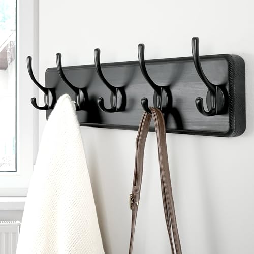 Wall Mounted Coat Rack: Patented, Heavy-Duty, 17.4" Long 5-Double-Hooks Wooden Hanger Rail for Winter Coats, Hats, Jackets, Clothing - Black, Pack of 2 - color: Black, size: L=17.4" (2pcs)