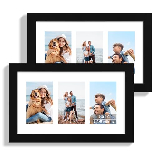 Hongkee 8x14 Picture Frame Set of 2, Black Wood Frame with Glass Collage Frame, Display Pictures 3-4x6 With Mat or 8 x 14 Without Mat - Horizontal or Vertical Wall Mounting - color: Black, size: 8x14 in matted to 3-4x6