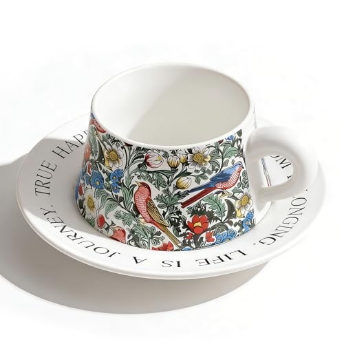 Ceramic Cup and Saucer Set, Luxurious Coffee/Tea Mug, Vintage Beautifully Printed Cups with Handle Practical Gifts for Women Housewarming/Birthday/New Year/Valentine's Day/Mother's Day, 8.8oz (White) - color: White