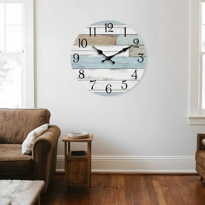 KECYET 16 Inch Large Wall Clock Battery Operated Silent Non Ticking Coastal | Round analog clock; large easy-read dial for bathroom, kitchen, bedroom & living room; 1 AA battery (not included) - color: Blue, size: 16"