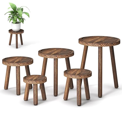 5-Pack Wood Plant Stands Indoor, Single Plant Stand for 6-12 Inch Pots, Mid-Century Modern Plant Stool, Tall Plant Stand for Large Plants for Living Room, Balcony, Office (Dark Brown) - color: heavy burnt color, size: 5 Pack