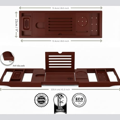 Bamboo Bathtub Caddy Tray Expandable & Foldable Bath Shelfwith Book, Tablet & Wine Holder Adjustable Wooden Bath Tray for Relaxing Spa atHome – Fits Most Tub Sizes. - color: Wood Brown